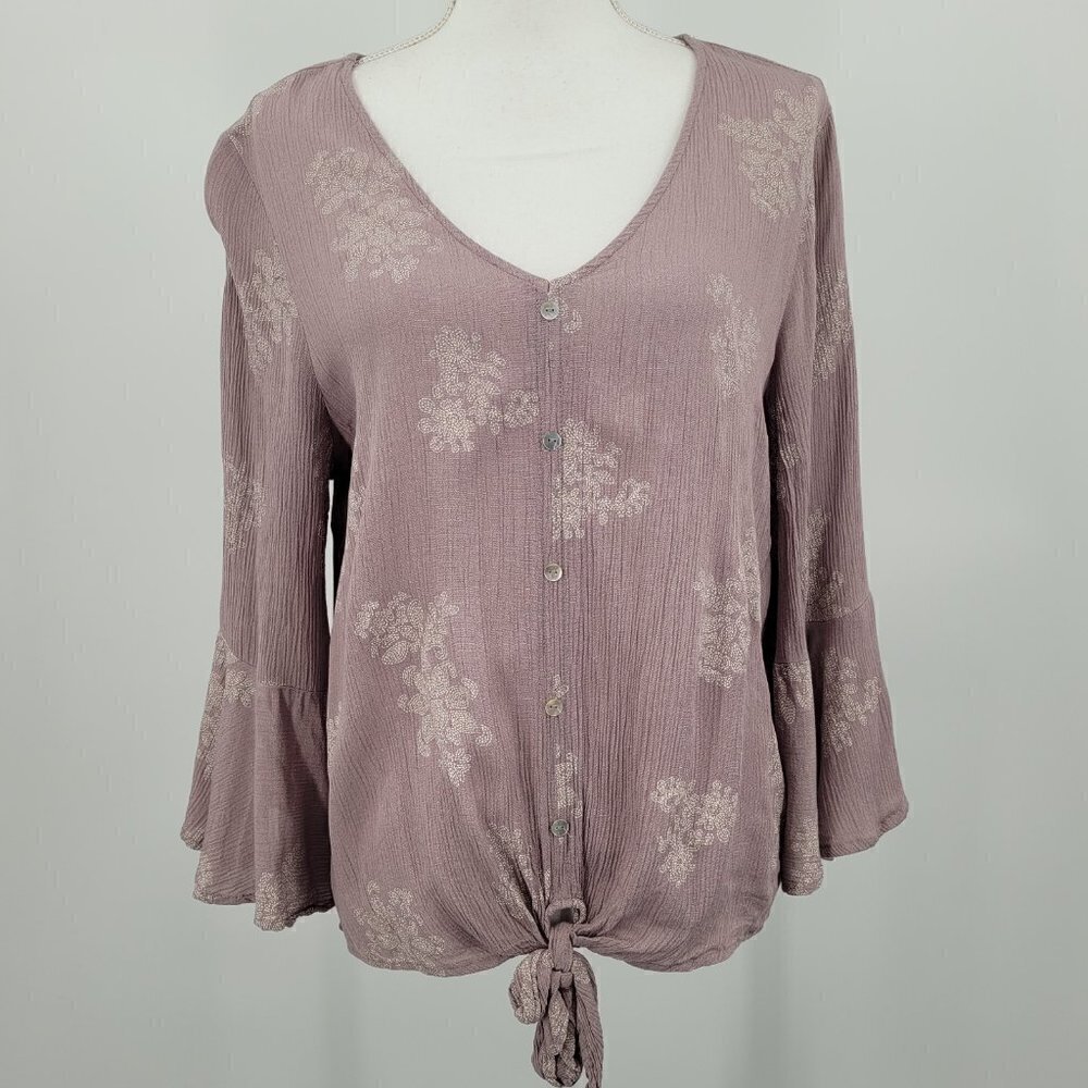 Mossimo Lavender Paisley Flutter-Sleeve Tie Front Top